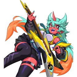 Rule 34 | 1girl, artist request, bare shoulders, blue hair, colored tongue, demon girl, detached sleeves, drive.google.com/drive/folders/1xzdeqmnba4m-tra0f67jldkyizdrx2hy, electric guitar, fangs, guitar, heart, highres, horns, instrument, light blue hair, long hair, multicolored hair, necktie, official art, omega strikers, open mouth, orange hair, playing guitar, purple tongue, shorts, shorts under skirt, single horn, sleeveless, smile, solo, thigh strap, thighhighs, two-tone hair, vyce (omega strikers), yellow eyes