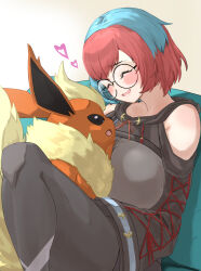 Rule 34 | 1girl, ^ ^, aged up, bare shoulders, black jacket, black pantyhose, blue hair, blush, breasts, closed eyes, clothing cutout, commentary request, couch, creatures (company), drawstring, flareon, game freak, gen 1 pokemon, glasses, grey shirt, hands in pockets, heart, highres, hizakake, hood, hood down, hooded jacket, huge breasts, jacket, long sleeves, multicolored hair, nintendo, on couch, on lap, open clothes, open jacket, open mouth, pantyhose, penny (pokemon), pokemon, pokemon (creature), pokemon on lap, pokemon sv, red hair, round eyewear, shadow, shirt, short hair, shorts, shoulder cutout, sidelocks, sitting, smile, swept bangs, two-tone hair