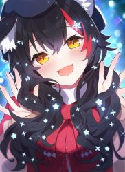 Rule 34 | 1girl, absurdres, animal ear fluff, animal ears, beret, black hair, black hat, blush, capelet, commentary request, deany, hair between eyes, hair ornament, hands in hair, hat, highres, hololive, long hair, looking at viewer, multicolored hair, ookami mio, ookami mio (street), open mouth, red capelet, red hair, sidelocks, smile, solo, sparkle, streaked hair, virtual youtuber, wolf ears, wolf girl, yellow eyes