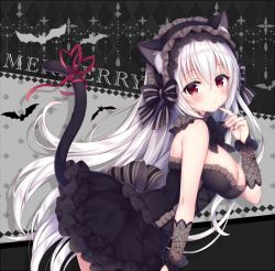 Rule 34 | 1girl, animal, animal ear fluff, animal ears, argyle, argyle background, argyle clothes, bare shoulders, bat (animal), black bow, black dress, black hairband, blush, bow, breasts, bridal gauntlets, cat ears, cat girl, closed mouth, commentary request, dress, finger to mouth, fingernails, frilled hairband, frills, hair between eyes, hairband, heart, large breasts, long hair, looking at viewer, looking to the side, mitsuba choco, nail polish, original, red eyes, red nails, red ribbon, ribbon, silver hair, solo, strapless, strapless dress, tail, tail ornament, tail raised, tail ribbon, very long hair