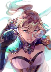 Rule 34 | 1girl, absurdres, armor, blonde hair, blue eyes, blurry, blurry background, breasts, cleavage, cross, depth of field, earrings, genshin impact, gloves, highres, holding, holding sword, holding weapon, jean (genshin impact), jewelry, looking at viewer, medium breasts, ponytail, signature, simple background, solo, sword, weapon, white background, zephyrine-gale