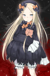 Rule 34 | 1girl, :o, abigail williams (fate), black bow, black dress, black hat, blonde hair, bloomers, blue eyes, bow, bug, butterfly, commentary request, dress, fate/grand order, fate (series), hair bow, hands in opposite sleeves, hat, hugging object, insect, long hair, long sleeves, looking at viewer, orange bow, parted bangs, parted lips, polka dot, polka dot bow, solo, stuffed animal, stuffed toy, swon (joy200892), teddy bear, underwear, very long hair, white bloomers
