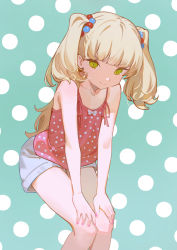 Rule 34 | 1girl, bare shoulders, blonde hair, camisole, commentary, english commentary, fang, feet out of frame, green eyes, hair bobbles, hair ornament, hands on own knees, idolmaster, idolmaster cinderella girls, jougasaki rika, long hair, looking at viewer, nail polish, pink nails, polka dot, polka dot background, polka dot camisole, short shorts, shorts, sketch, smile, solo, timbougami, two side up