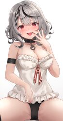 Rule 34 | 1girl, bare shoulders, breasts, camisole, cleavage, grey hair, highres, hololive, large breasts, looking at viewer, medium breasts, medium hair, multicolored hair, nail polish, open mouth, red eyes, sakamata chloe, smile, solo, streaked hair, tonton utaro, virtual youtuber
