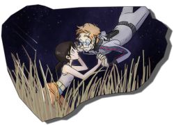 Rule 34 | 1boy, 1girl, blonde hair, blue eyes, brown eyes, brown hair, chell, couple, crack, cracked glass, erin aileen hyde, eye contact, face-to-face, glasses, hetero, holding hands, looking at another, night, outdoors, own hands together, personification, ponytail, portal, portal (series), portal 1, portal 2, shooting star, space, star (symbol), wheatley