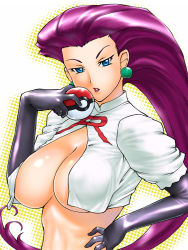Rule 34 | 1girl, big hair, blue eyes, breasts, creatures (company), cropped jacket, earrings, elbow gloves, game freak, gloves, hair slicked back, halftone, halftone background, hand on own hip, holding, holding poke ball, jessie (pokemon), jewelry, large breasts, latex, latex gloves, lipstick, long hair, looking at viewer, makeup, nintendo, no bra, parted lips, pink hair, poke ball, poke ball (basic), pokemon, pokemon (anime), purple gloves, purple hair, red lips, red lips, revealing clothes, short sleeves, solo, team rocket, ueyama michirou, underboob, upper body