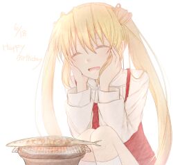 Rule 34 | 1girl, ^ ^, blonde hair, bloom, blush, casual, closed eyes, commentary, cowboy shot, fish, fish (food), fish grill, grilled fish, hair between eyes, happy, happy birthday, kneehighs, light particles, long hair, long sleeves, nakatsu shizuru, no eyepatch, open mouth, red skirt, rewrite, saury, sena rin, shirt, simple background, skirt, smile, socks, solo, squatting, steam, suspender skirt, suspenders, twintails, very long hair, white background, white shirt, white socks
