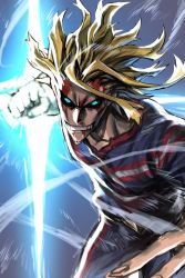 Rule 34 | 10s, 1boy, all might, attack, black sclera, blonde hair, blood, blood from mouth, blood on face, blue eyes, bodysuit, boku no hero academia, clenched hand, clenched teeth, colored sclera, facing viewer, floating hair, glowing, glowing eyes, glowing hand, grin, happy, highres, incoming attack, incoming punch, looking at viewer, male focus, manly, punching, short hair, smile, solo, takuan (takuanlunch), teeth, wind, yagi toshinori