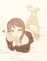 Rule 34 | 10s, 1girl, ass, bare shoulders, barefoot, blush, feet, finger to mouth, heart, long hair, looking at viewer, love live!, love live! sunshine!!, lying, on stomach, parted lips, red hair, sakurauchi riko, soles, solo, sweater, toes, yellow eyes