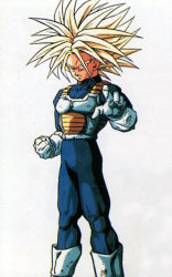 Rule 34 | 1990s (style), 1boy, aqua eyes, arm up, armor, artist request, blonde hair, body armor, bodysuit, boots, clenched hand, dragon ball, dragonball z, gloves, high collar, highres, long hair, looking at viewer, muscular, official art, retro artstyle, saiyan armor, simple background, solo, spiked hair, super saiyan, trunks (dragon ball), trunks (future) (dragon ball), vest, white background