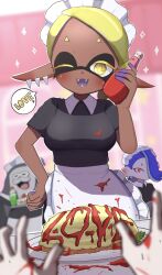 Rule 34 | 1boy, 1other, 2girls, absurdres, apron, big man (splatoon), blonde hair, blue hair, blurry, blurry background, bottle, breasts, colored eyelashes, commentary request, dark-skinned female, dark skin, english text, eyelashes, food, frye (splatoon), hand on own hip, highres, holding, holding bottle, inkling, ketchup, ketchup bottle, looking at viewer, medium hair, meruradayo, multiple girls, nintendo, octoling, omelet, omurice, one eye closed, open mouth, pointy ears, pov, red eyes, sharp teeth, shiver (splatoon), short hair, smile, sparkle, speech bubble, splatoon (series), splatoon 3, stain, star-shaped pupils, star (symbol), symbol-shaped pupils, teeth, tentacle hair, thick eyebrows, white apron, yellow eyes, yellow pupils