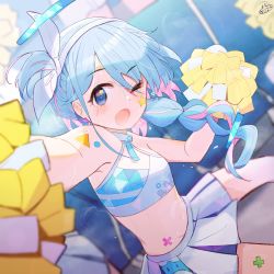 Rule 34 | 1girl, absurdres, arona (blue archive), bare arms, bare shoulders, blue archive, blue eyes, blue hair, blurry, blurry background, blush, braid, breasts, cheerleader, commentary request, cosplay, crop top, depth of field, hairband, hibiki (blue archive), highres, holding, long hair, millennium cheerleader outfit (blue archive), multicolored hair, nishi yasuaki, one eye closed, open mouth, pink hair, pleated skirt, pom pom (cheerleading), signature, single braid, sitting, skirt, small breasts, solo, sticker, sticker on face, two-tone hair, white hairband, white skirt