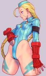 1girl, ahoge, armband, blue eyes, blue leotard, bodypaint, braid, breasts, cameltoe, cammy white, cropped legs, facial scar, garrison cap, gloves, hat, highleg, highleg leotard, highres, huge ahoge, imo akiminoriko, leotard, long braid, long hair, necktie, red gloves, ribbed leotard, scar, scar on cheek, scar on face, shoulder pads, single elbow pad, small breasts, solo, standing, street fighter, street fighter zero (series), thick thighs, thighs, thong leotard, twin braids, yellow neckwear