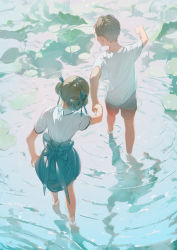Rule 34 | 1boy, 1girl, absurdres, highres, holding hands, lily pad, nature, original, outdoors, plant, reflection, ripples, sheya tin, wading, water