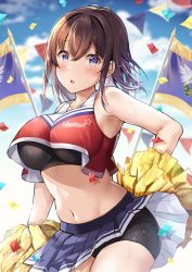 Rule 34 | 1girl, :o, arm at side, bare arms, bike shorts, bike shorts under skirt, black sports bra, blue skirt, blue sky, blush, breasts, brown hair, cheerleader, clothes lift, cloud, commentary request, confetti, crop top, crossed bangs, day, flag, highres, large breasts, looking at viewer, navel, original, outdoors, pleated skirt, pom pom (cheerleading), purple eyes, red shirt, shiro kuma shake, shirt, skirt, skirt lift, sky, solo, sports bra, standing, stomach, sweat