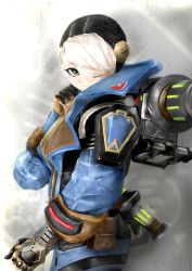 Rule 34 | 1girl, animification, apex legends, blacky2525xx, blue headwear, blue jacket, brown eyes, brown gloves, deep current wattson, from side, gloves, grey background, hand on own chest, highres, jacket, looking at viewer, official alternate costume, smile, solo, wattson (apex legends), white hair