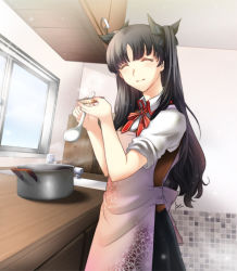 Rule 34 | 1girl, ^ ^, apron, black hair, blush, bow, brown hair, closed eyes, cooking, closed eyes, fate/stay night, fate (series), female focus, hair bow, hair ribbon, long hair, matou sakura, personality switch, ribbon, skirt, sleeves rolled up, solo, spoon, tohsaka rin, twintails, two side up