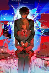 Rule 34 | 2boys, absurdres, akechi gorou, amamiya ren, arms around neck, artist name, black gloves, black hair, black jacket, black necktie, black pants, blue screen of death, bound, bound wrists, breast pocket, broken glass, brown coat, brown hair, brown pants, candlebones, chain, closed mouth, coat, collared shirt, commentary, cuffs, english commentary, error message, expressionless, front-to-back, furrowed brow, glass, glass shard, glitch, gloves, handcuffs, hands on lap, highres, holding, holding chain, holding glass shard, jacket, kosei high school uniform, lapels, legs together, light frown, long sleeves, looking at viewer, male focus, multiple boys, necktie, notched lapels, pants, persona, persona 5, pocket, red eyes, school uniform, shirt, short hair, shuujin academy school uniform, sitting, standing, stool, striped necktie, television, turtleneck, watermark, weibo logo, weibo watermark, white eyes, white shirt, window (computing), wing collar