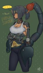 Rule 34 | ..., absurdres, arthropod girl, black hair, black sclera, blush, breasts, bugita, cleavage, colored sclera, covered erect nipples, crossed arms, extra arms, green background, highres, korean commentary, medium breasts, original, ponytail, scorpion girl, scorpion tail, solo, spoken ellipsis, sweatdrop, tail, tank top, white tank top