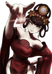Rule 34 | 1girl, absurdres, bare shoulders, black hair, breasts, chinese clothes, cianter, detached sleeves, dress, earrings, fingernails, hair ornament, hair rings, highres, jewelry, large breasts, long hair, looking at viewer, nuwa (megami tensei), pale skin, red dress, shin megami tensei, shin megami tensei v, simple background, solo, yellow eyes