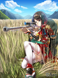 Rule 34 | 1girl, bare shoulders, beniimo danshaku, black hair, breasts, cloud, cloud print, company name, copyright request, day, english text, glass, glasses, grass, gun, hairband, hill, hishi (pattern), holding, holding gun, holding weapon, japanese clothes, kimono, medium breasts, obi, on ground, on one knee, outdoors, parted lips, ribbon-trimmed legwear, ribbon trim, rifle, sandals, sash, scope, semi-rimless eyewear, sniper rifle, solo, swept bangs, thighhighs, weapon, white thighhighs