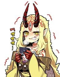 Rule 34 | 1girl, angry, annoyed, bare shoulders, beads, blonde hair, broken, clenched teeth, commentary request, facial mark, fate/grand order, fate (series), gloves, hitsuji bako, horns, ibaraki douji (fate), japanese clothes, kimono, long hair, oni, pointy ears, red gloves, sharp teeth, simple background, solo, sweat, tattoo, teeth, trembling, uneven eyes, very long hair, white background, yellow eyes