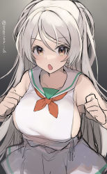 Rule 34 | 1girl, breasts, brown eyes, chestnut mouth, conte di cavour (kancolle), cosplay, cowboy shot, dress, gradient background, grey background, highres, kantai collection, large breasts, libeccio (kancolle), libeccio (kancolle) (cosplay), long hair, neckerchief, one-hour drawing challenge, picoli1313, red neckerchief, sailor collar, sailor dress, side-tie dress, sleeveless, sleeveless dress, solo, twitter username, two side up, white sailor collar