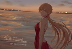 Rule 34 | 1girl, anniversary, backless dress, backless outfit, breasts, closed mouth, commentary request, copyright name, cowboy shot, dress, earrings, evening, from side, girls&#039; frontline, horizon, jewelry, long hair, looking at viewer, looking to the side, mixed-language commentary, ocean, orange eyes, orange hair, ots-14 (girls&#039; frontline), outdoors, red dress, selcky, small breasts, smile, solo, strap gap, very long hair, water