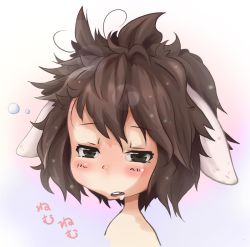 Rule 34 | 1girl, animal ears, brown hair, chonbo (artist), drooling, female focus, gradient background, inaba tewi, jpeg artifacts, messy hair, rabbit ears, sleepy, solo, touhou, white background