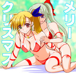 Rule 34 | 2girls, adjusting clothes, adjusting swimsuit, arm ribbon, arm support, asymmetrical bangs, text background, bed sheet, bell, bikini, blonde hair, blue eyes, blue ribbon, bow, breasts, christmas, cleavage, closed mouth, commentary request, einhard stratos, engo (aquawatery), grabbing, grabbing from behind, green eyes, green hair, hair bow, hair ribbon, halterneck, heterochromia, leaning forward, long hair, looking at viewer, lyrical nanoha, mahou shoujo lyrical nanoha vivid, medium breasts, merry christmas, multiple girls, navel, neck bell, on bed, partial commentary, red bikini, red bow, red eyes, red ribbon, ribbon, saliva, side ponytail, sidelocks, sitting, smile, swimsuit, thigh strap, translated, twintails, vivio, wariza, yuri