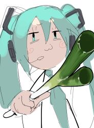 Rule 34 | 1girl, :3, aqua eyes, aqua hair, aqua necktie, blush, closed mouth, commentary, food, food focus, foreshortening, hair ornament, half-closed eyes, hatsune miku, headphones, highres, holding, holding food, holding spring onion, holding vegetable, looking at viewer, microphone, necktie, no sclera, raised eyebrow, simple background, sketch, solo, spring onion, spring onion focus, sutyura, twintails, upper body, vegetable, vocaloid, white background