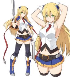Rule 34 | 1girl, armpits, arms up, bare arms, belt, black thighhighs, blazblue, blazblue: chronophantasma, blonde hair, blue footwear, blue skirt, blush, boots, breasts, capelet, collared shirt, commentary request, crop top, cropped legs, dual wielding, gloves, gold trim, green eyes, gun, holding, holding gun, holding weapon, large breasts, long hair, looking at viewer, midriff, miniskirt, multiple views, navel, necktie, noel vermillion, pleated skirt, shirt, shiseki hirame, short necktie, simple background, skirt, sleeveless, sleeveless shirt, smile, standing, thighhighs, two-tone skirt, weapon, white background, white gloves, white shirt, zettai ryouiki