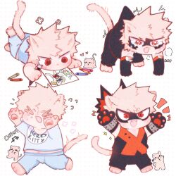 Rule 34 | &gt; &lt;, 1boy, aged down, animal ears, animal hands, bakugou katsuki, black mask, black shorts, blonde hair, blue shirt, blue shorts, blush, boku no hero academia, cat, cat boy, cat ears, cat paws, cat tail, child, child&#039;s drawing, closed eyes, closed mouth, clothes writing, commentary, crayon, crying, drawing, english commentary, eye mask, full body, furrification, furry, heart, highres, lying, male focus, midoriya izuku, navel, on stomach, open mouth, pochitaart, red eyes, shirt, short hair, shorts, simple background, smile, spiked hair, standing, tail, tears, white background