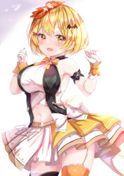 Rule 34 | 1girl, asymmetrical legwear, bare shoulders, bat hair ornament, black thighhighs, blonde hair, blush, bow, breasts, clothing cutout, cowboy shot, fang, gloves, hair ornament, hairpin, halterneck, hands up, highres, hololive, hololive idol uniform, large breasts, looking at viewer, midriff, mismatched legwear, navel, navel cutout, open mouth, orange bow, orange thighhighs, short hair, skirt, smile, solo, standing, stomach, thighhighs, virtual youtuber, white gloves, white skirt, wrist cuffs, yellow eyes, yozora mel, yuano