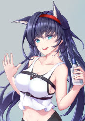 Rule 34 | 1girl, alternate hairstyle, animal ears, aqua eyes, arknights, asymmetrical hair, black shorts, blaze (arknights), blue hair, bottle, breasts, cat ears, cleavage, collarbone, cowboy shot, crop top, fang, framed breasts, grey background, hairband, ling huanxiang, long hair, looking at viewer, medium breasts, midriff, navel, open mouth, shorts, sideboob, simple background, sleeveless, smile, solo, strap, tank top, twintails, water bottle, waving, white tank top