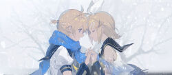 Rule 34 | 1boy, 1girl, absurdres, ahoge, bare shoulders, black sailor collar, blonde hair, blue eyes, blue scarf, bow, brother and sister, closed eyes, detached sleeves, forehead-to-forehead, ghost, hair bow, hair ornament, hairclip, heads together, highres, holding hands, irple, kagamine len, kagamine rin, neckerchief, necktie, number tattoo, open mouth, proof of life (vocaloid), sailor collar, scarf, semi-transparent, shirt, short hair, short ponytail, short sleeves, shoulder tattoo, siblings, sleeveless, sleeveless shirt, smile, snow, snowing, soundless voice (vocaloid), spiked hair, swept bangs, tattoo, transparent, tree, twins, vocaloid, white bow, winter, yellow neckerchief, yellow necktie