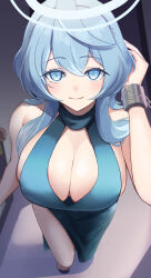 Rule 34 | 1girl, absurdres, ako (blue archive), ako (dress) (blue archive), aqua dress, arisugawa ya, bare shoulders, blue archive, blue eyes, blue hair, blush, breasts, cuffs, dress, halo, highres, large breasts, light smile, looking at viewer, official alternate costume, plunging neckline, shackles, sideboob, sideless dress, solo