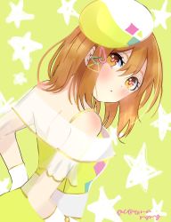 Rule 34 | 1girl, amazing travel dna, artist name, artist request, bare shoulders, belt, blush, breasts, brown eyes, brown hair, collarbone, dress, female focus, gloves, hair between eyes, hat, highres, kunikida hanamaru, light brown hair, long hair, looking at viewer, looking back, love live!, love live! school idol festival, love live! sunshine!!, matching hair/eyes, parted lips, smile, solo, triangle hair ornament, upper body, white belt, white dress, white gloves, white hat, yellow eyes, yellow hat