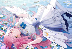 Rule 34 | 1girl, angel wings, black footwear, black scrunchie, blue archive, blue bow, bow, capelet, dress, feathered wings, flower, frilled dress, frills, hair bun, hair flower, hair ornament, halo, highres, long hair, low wings, lying, mika (blue archive), pink hair, scrunchie, side bun, single hair bun, single side bun, sleeveless, sleeveless dress, thighhighs, tikakaa, very long hair, white dress, white wings, wings, wrist scrunchie, yellow eyes