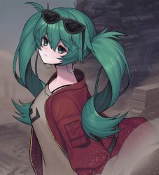 Rule 34 | 1girl, brown shirt, closed mouth, earrings, expressionless, eyewear on head, green eyes, green hair, hatsune miku, jacket, jewelry, kyundoo, long hair, looking at viewer, red jacket, sand, shirt, solo, suna no wakusei (vocaloid), twintails, upper body, vocaloid