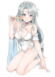 Rule 34 | 1girl, absurdres, bare arms, bare legs, bare shoulders, barefoot, blush, breasts, choker, cleavage, commission, flower, food, grey background, grey hair, hair flower, hair ornament, highres, holding, holding food, kantai collection, large breasts, long hair, o-ring, o-ring swimsuit, official alternate costume, one-piece swimsuit, open mouth, purple eyes, sagiri (kancolle), sagiri kai (swimsuit mode) (kancolle), simple background, skeb commission, smile, solo, swimsuit, toes, toriniku senshi chikinman, white choker, white flower, white one-piece swimsuit