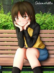 Rule 34 | 1girl, artist name, bad id, bad pixiv id, bench, black shirt, black socks, blue skirt, blush, bob cut, breasts, brown eyes, brown hair, closed mouth, commentary, denim, denim skirt, elbow rest, feet out of frame, foliage, grass, hand on own face, hands on own cheeks, hands on own face, head rest, highres, knees together feet apart, leaning forward, light smile, long sleeves, looking at viewer, nakahara misaki, nhk ni youkoso!, on bench, outdoors, park bench, photo background, raglan sleeves, sakamoto mio (maxim-tebyakin), shirt, short hair, sitting, skirt, small breasts, smile, socks, solo, stone wall, two-tone shirt, wall, yellow shirt