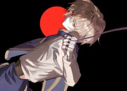 Rule 34 | 1boy, 243 samuki, black background, blonde hair, blue tabard, chain, dutch angle, hand up, hunter x hunter, kurapika, looking at viewer, male focus, medium hair, moon, parted lips, red eyes, red moon, shirt, simple background, solo, tabard, white shirt