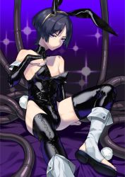 Rule 34 | 1boy, alternate costume, animal ears, black hair, black leotard, black thighhighs, bridal gauntlets, bulge, closed mouth, commentary request, crossdressing, detached collar, fake animal ears, fake tail, genshin impact, leotard, looking at viewer, male focus, playboy bunny, pom pom (clothes), purple eyes, rabbit ears, rabbit tail, rkp, scaramouche (genshin impact), scaramouche (shouki no kami) (genshin impact), signature, sitting, solo, tail, thighhighs, thighs, trap, tube