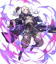 Rule 34 | 1girl, aura, belt, boots, brown footwear, buttons, chyko, dark aura, detached sleeves, fire emblem, fire emblem awakening, fire emblem heroes, full body, gloves, glowing, glowing eye, grima (fire emblem), highres, hood, knee boots, long coat, long sleeves, multiple belts, nintendo, official art, pants, parted bangs, parted lips, red eyes, robin (female) (fire emblem), robin (fire emblem), silver hair, solo, transparent background, twintails, wizard