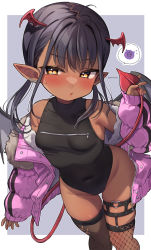 Rule 34 | 1girl, black hair, black leotard, black thighhighs, blush, breasts, brown eyes, brown succubus-chan (trente), coat, commentary request, covered navel, dark-skinned female, dark skin, demon girl, demon tail, demon wings, groin, head wings, highleg, highleg leotard, highres, holding own tail, leotard, long hair, low twintails, off shoulder, open clothes, open coat, original, pink coat, pointy ears, single fishnet legwear, small breasts, solo, tail, thigh gap, thighhighs, thighs, trente, twintails, wings, zipper