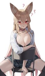 Rule 34 | 1girl, ?, absurdres, animal ears, between legs, black bra, black skirt, black thighhighs, bra, breasts, brown hair, chair, choker, choyeon, cleavage, collarbone, commission, dress shirt, dungeon and fighter, ellin meiji, fox ears, fox girl, frown, highres, large breasts, long hair, long sleeves, looking at viewer, miniskirt, open clothes, open shirt, original, plaid, plaid skirt, red choker, red eyes, revision, school uniform, second-party source, shirt, simple background, sitting, sitting backwards, skirt, solo, thighhighs, thighs, underwear, very long hair, white background, white shirt