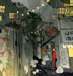 Rule 34 | 1girl, alley, black hair, bucket, chinese clothes, floral background, hair ornament, lantern, light bulb, looking at viewer, omiomi kekyu, original, plant, short hair, sleeves past wrists, solo, steam, string of light bulbs, trash, vines