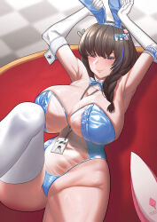 Rule 34 | 1girl, animal ears, armpits, arms up, blue bow, blue bowtie, blue hair, blue leotard, blush, bowtie, braid, breasts, brown hair, detached collar, elbow gloves, fake animal ears, fake tail, gloves, goddess of victory: nikke, huge breasts, id card, leotard, long hair, lying, mary (medical rabbit) (nikke), mary (nikke), multicolored hair, navel, official alternate costume, on back, playboy bunny, purple eyes, rabbit ears, rabbit tail, rukacheese, see-through, see-through leotard, smile, solo, strapless, strapless leotard, streaked hair, tail, thighhighs, unusually open eyes, white gloves, white thighhighs