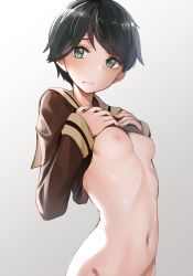 Rule 34 | 1girl, black hair, blush, breasts, closed mouth, clothes lift, commentary request, hands on own chest, highres, kabayaki namazu, kantai collection, lifting own clothes, long sleeves, looking at viewer, mogami (kancolle), mogami kai ni (kancolle), navel, nipples, no bra, school uniform, serafuku, shirt lift, short hair, small breasts, solo, swept bangs